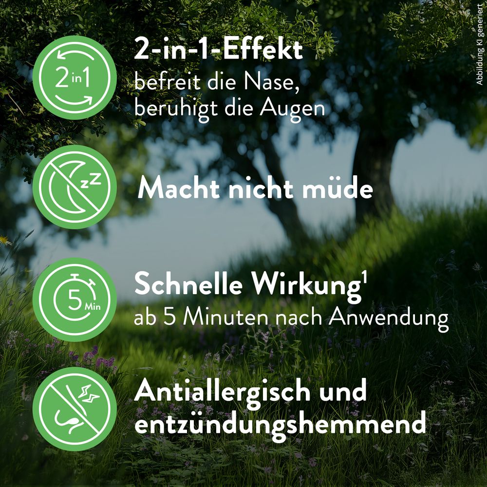 Infografik zu SNUP Allerg Nasenspray. 2-in-1-Effekt, schnelle Wirkung, antiallergisch.