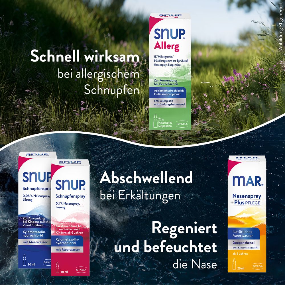 Werbebild mit SNUP Allerg Nasenspray und anderen Produkten. Hintergrund: Naturlandschaft.