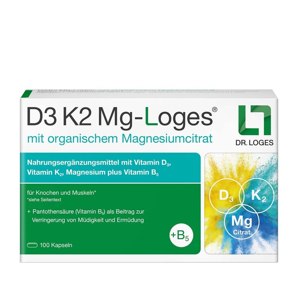Weißer Karton mit Aufdruck D3 K2 Mg-Loges. Enthält 100 Kapseln. Aufdrucke: D3, K2, Mg Citrat, Dr. Loges.