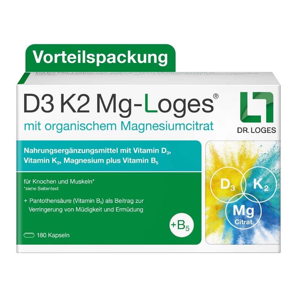 Verpackung von D3 K2 Mg-Loges Kapseln. Enthält 180 Kapseln. Aufschrift: D3 K2 Mg-Loges mit Magnesiumcitrat.