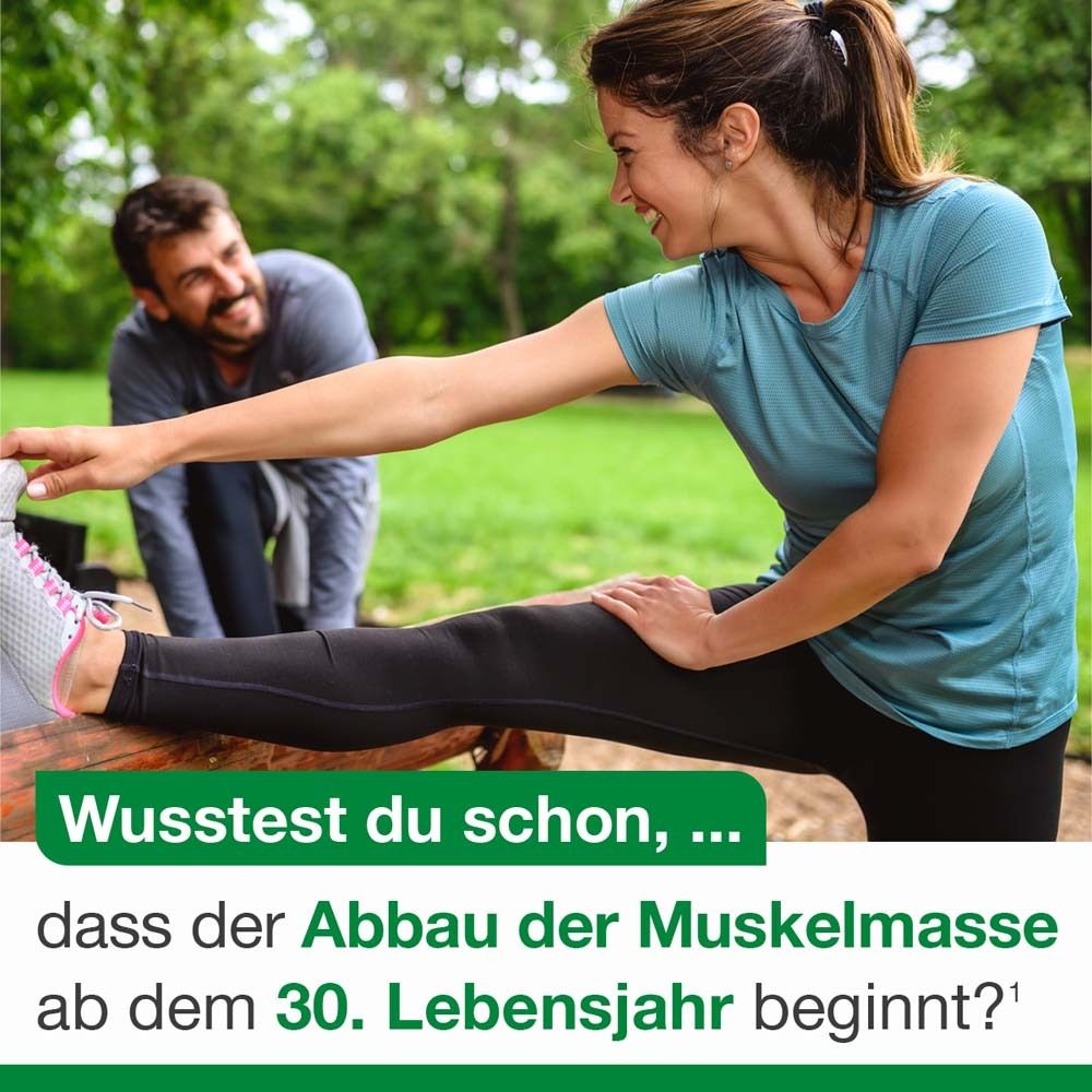 Mann und Frau dehnen sich. Text: Abbau der Muskelmasse beginnt ab dem 30. Lebensjahr.