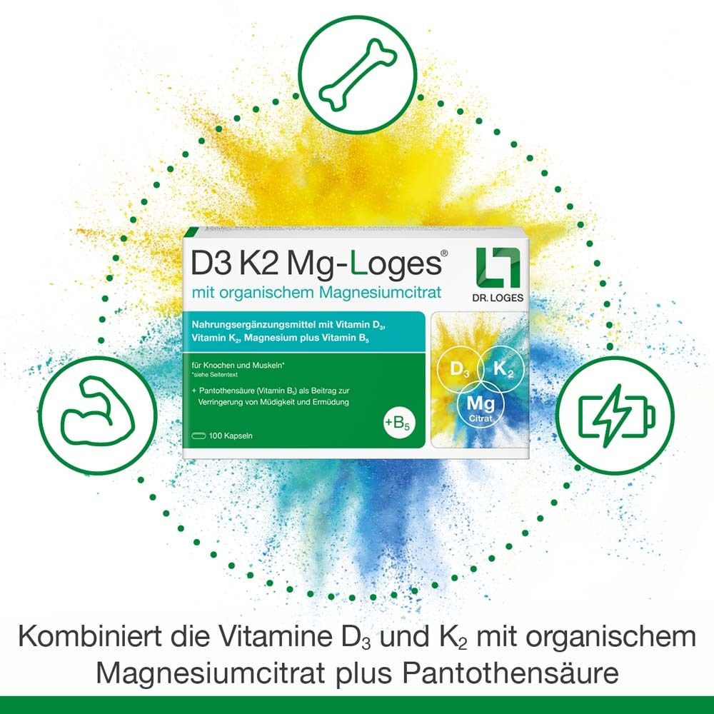 Verpackung von D3 K2 Mg-Loges Kapseln. Text: Kombiniert Vitamin D3 und K2 mit organischem Magnesiumcitrat.