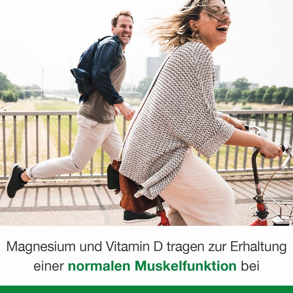 Paar läuft. Text: Magnesium und Vitamin D tragen zur Erhaltung einer normalen Muskelfunktion bei.