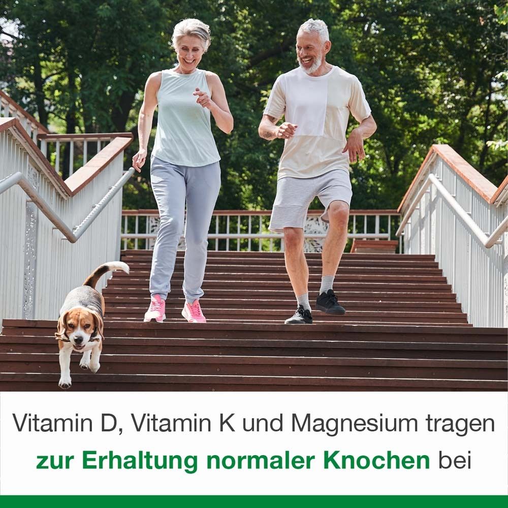 Älteres Paar und Hund laufen Treppe. Text: Vitamin D, K und Magnesium tragen zur Erhaltung normaler Knochen bei.