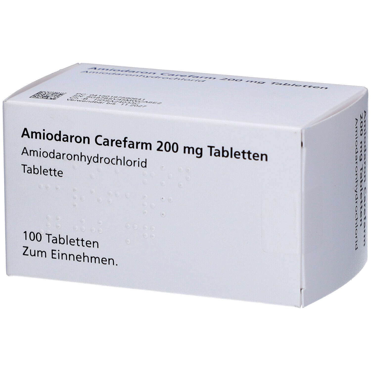 Amiodaron Carefarm 200 mg Tabletten. Weiße Schachtel mit Produktinformationen. 100 Tabletten.