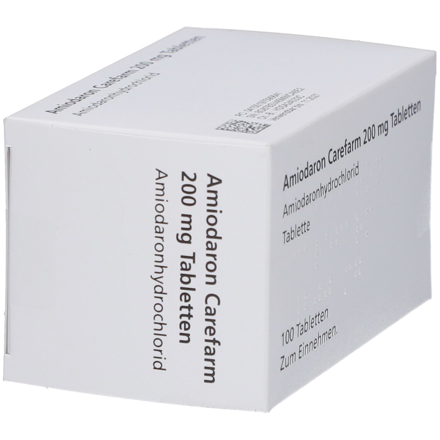 Amiodaron Carefarm 200 mg Tabletten-Schachtel. Seitenansicht mit Produktnamen und Informationen.