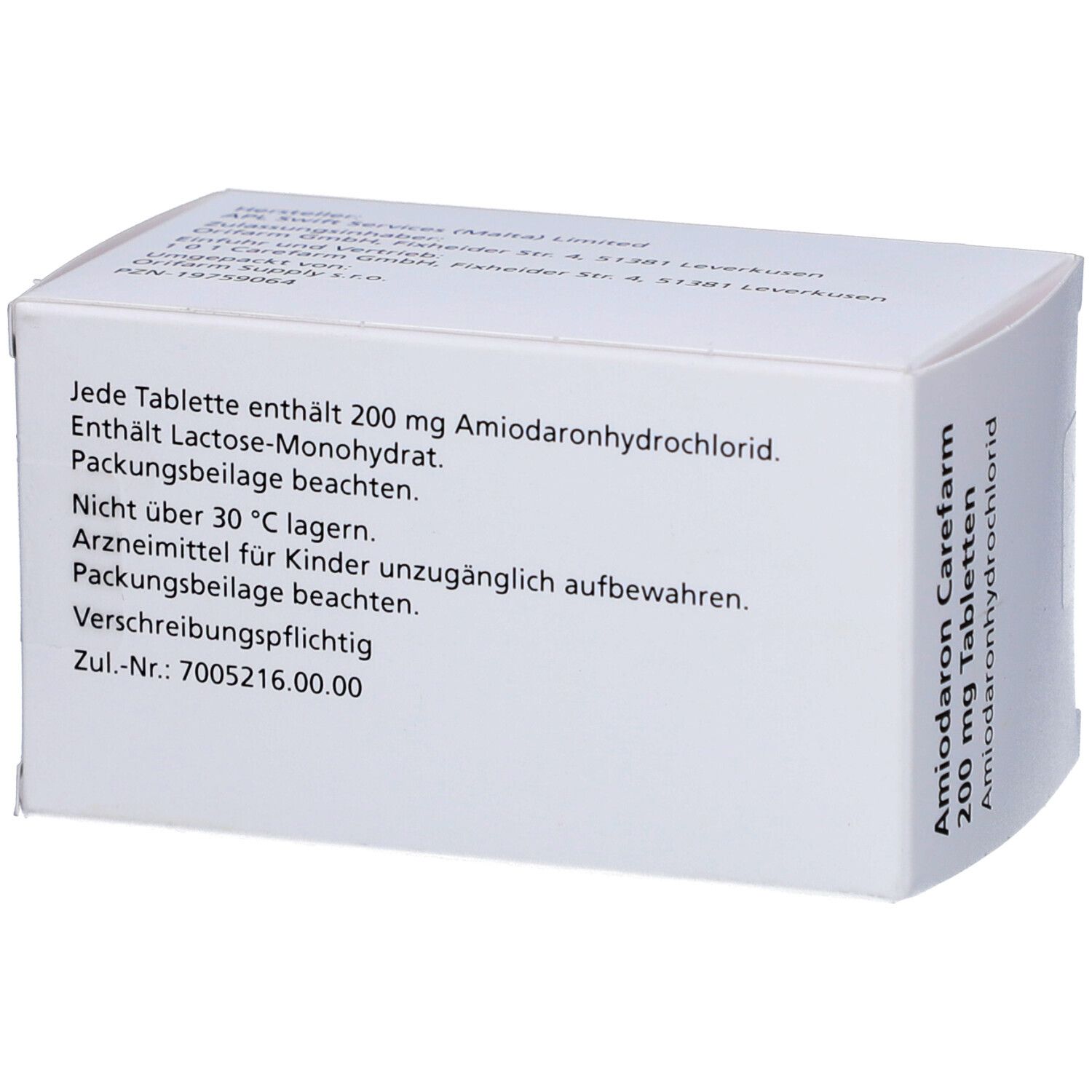 Rückseite der Amiodaron Carefarm 200 mg Tabletten-Schachtel. Textliche Produktinformationen.