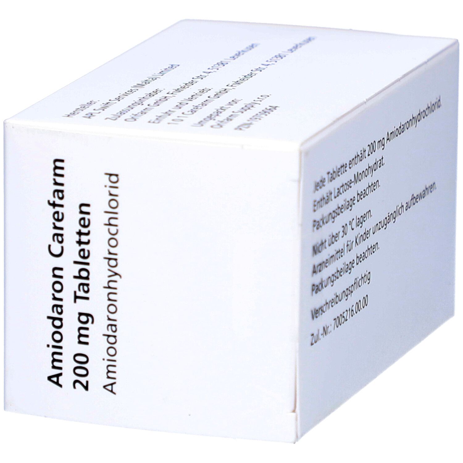 Amiodaron Carefarm 200 mg Tabletten-Schachtel. Seitenansicht mit Produktnamen und Informationen.