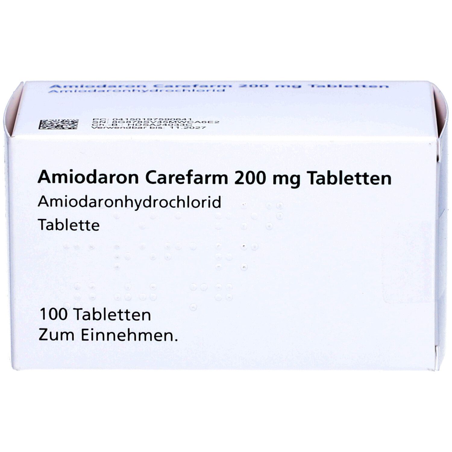 Amiodaron Carefarm 200 mg Tabletten. Weiße Schachtel mit Produktinformationen. 100 Tabletten.