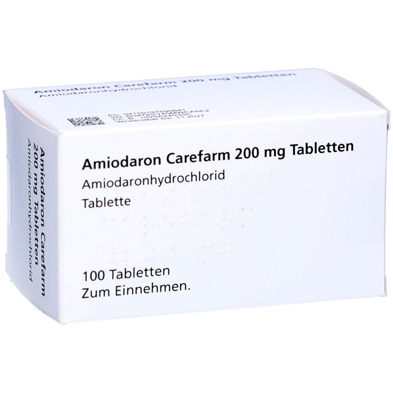 Amiodaron Carefarm 200 mg Tabletten. Weiße Schachtel mit Produktinformationen. 100 Tabletten.