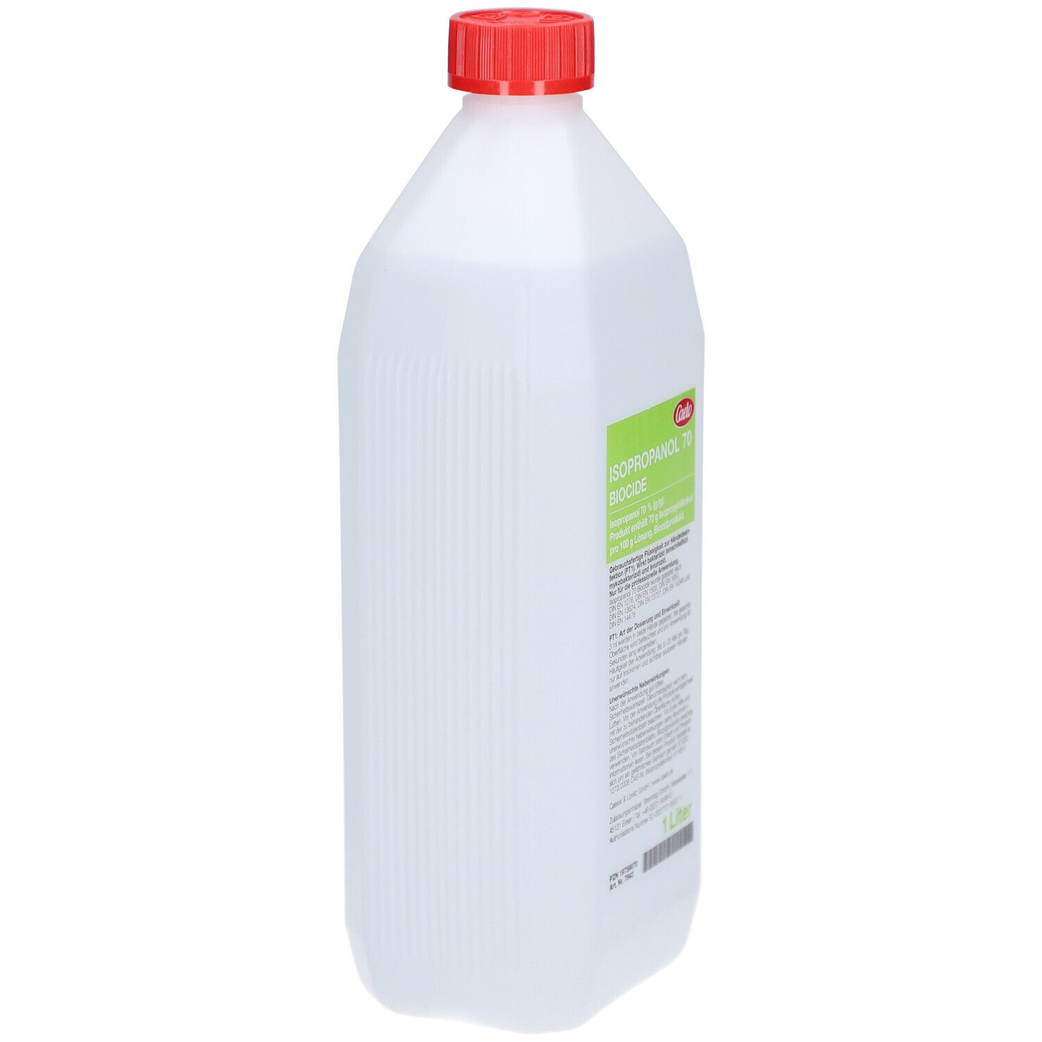 Weiße Kunststoffflasche mit rotem Schraubverschluss, Seitenansicht mit vertikalen Rillen. Etikett mit "ISOPROPANOL 70 BIOCIDE".