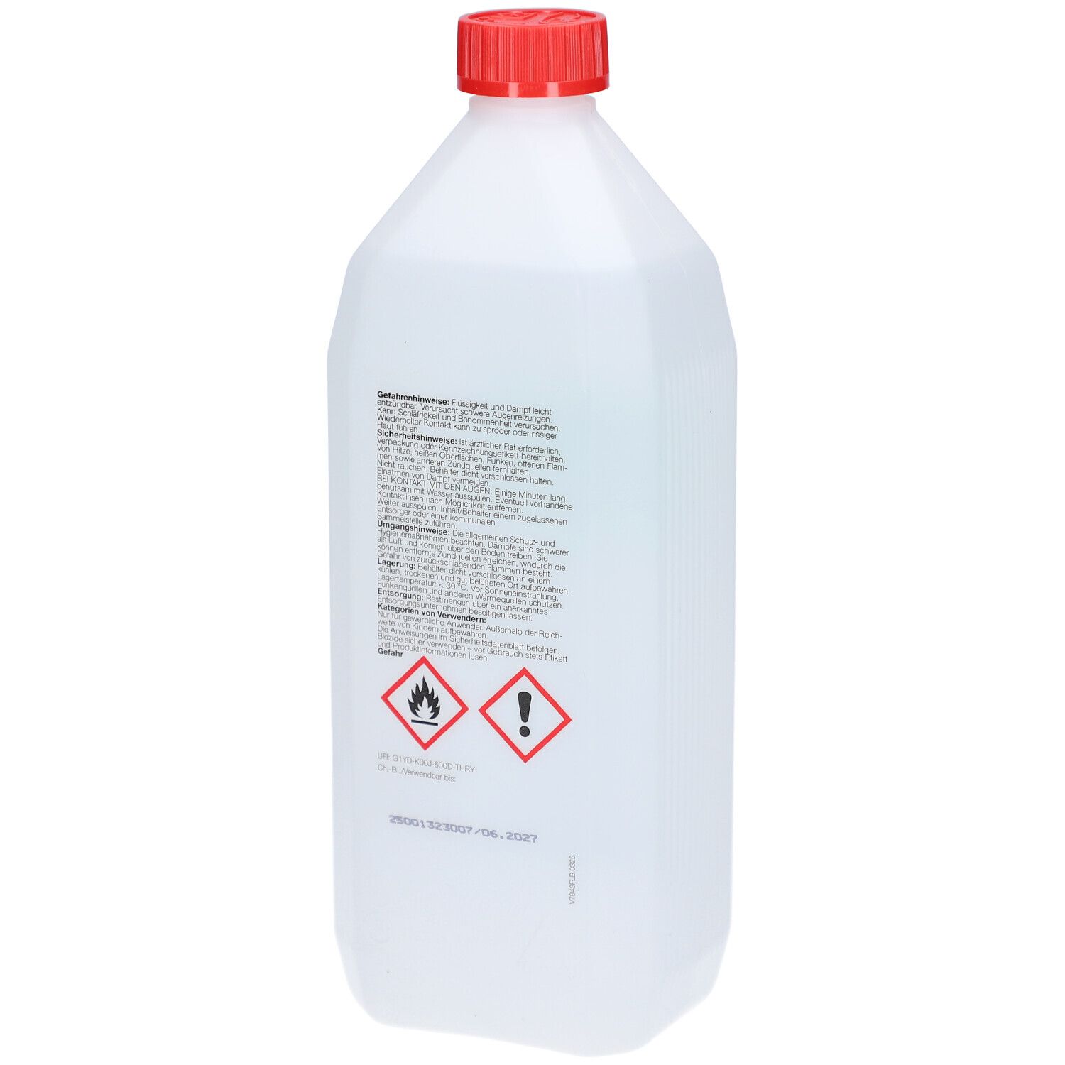 Rückseite einer weißen Kunststoffflasche mit rotem Schraubverschluss. Etikett mit Gefahrensymbolen (Flamme, Ausrufezeichen).