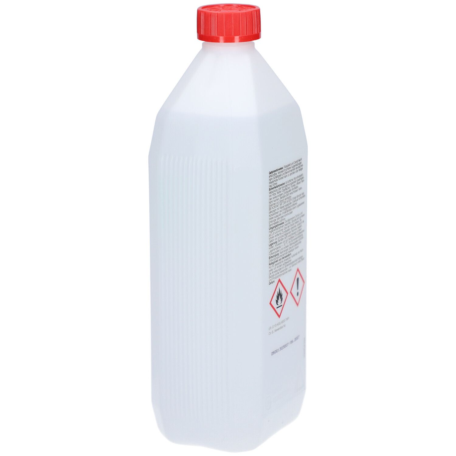 Rückseite einer weißen Kunststoffflasche mit rotem Schraubverschluss, Seitenansicht mit vertikalen Rillen. Etikett mit Gefahrensymbolen.