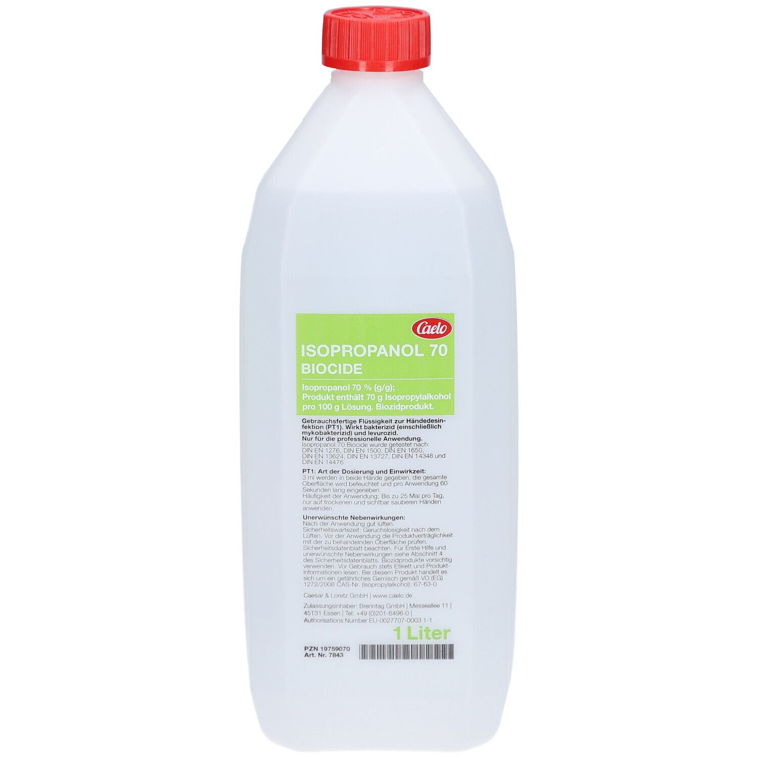 Weiße Kunststoffflasche mit rotem Schraubverschluss. Vorderseite mit grünem Etikett: "Caelo ISOPROPANOL 70 BIOCIDE", "1 Liter".