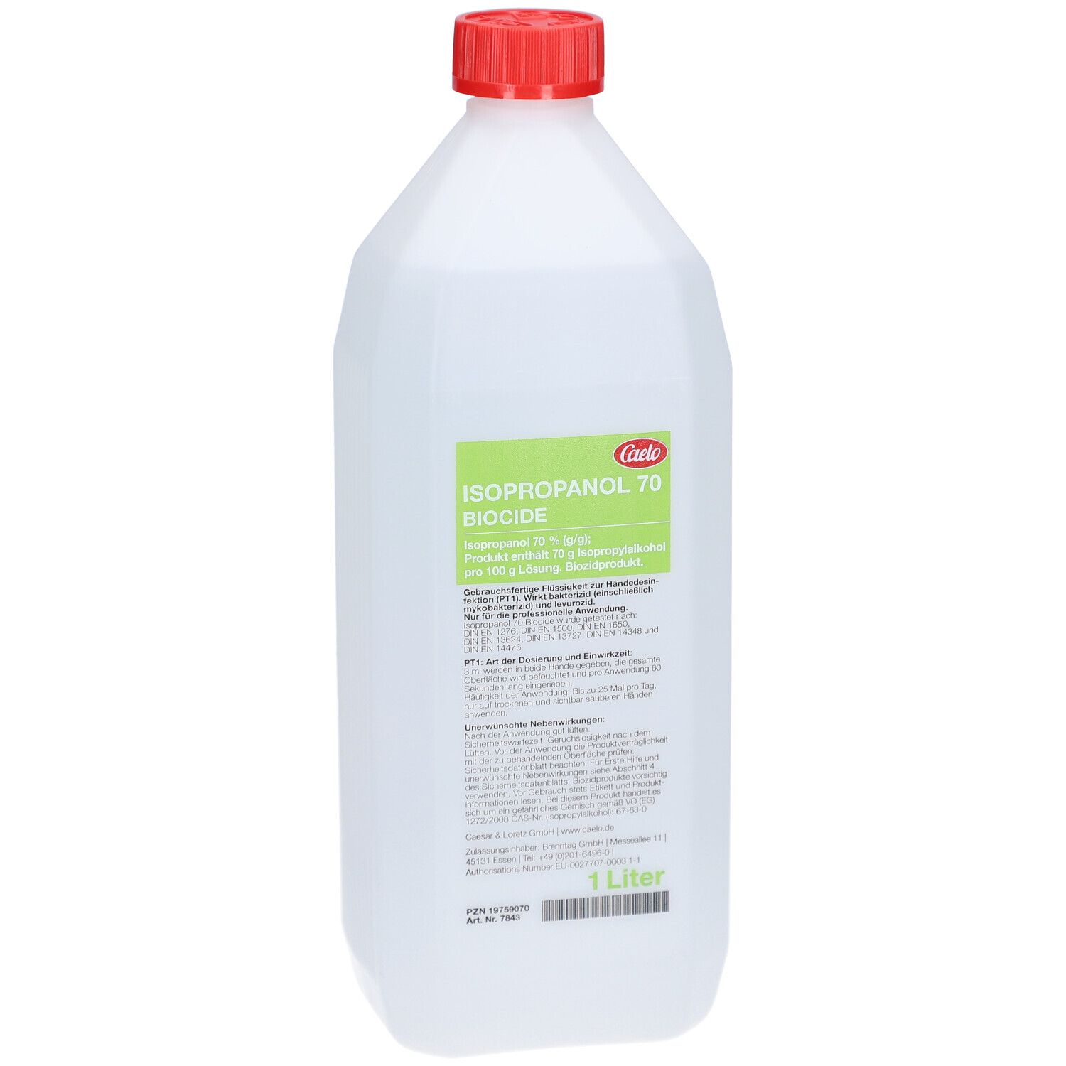 Weiße Kunststoffflasche mit rotem Schraubverschluss. Vorderseite mit grünem Etikett: "Caelo ISOPROPANOL 70 BIOCIDE".