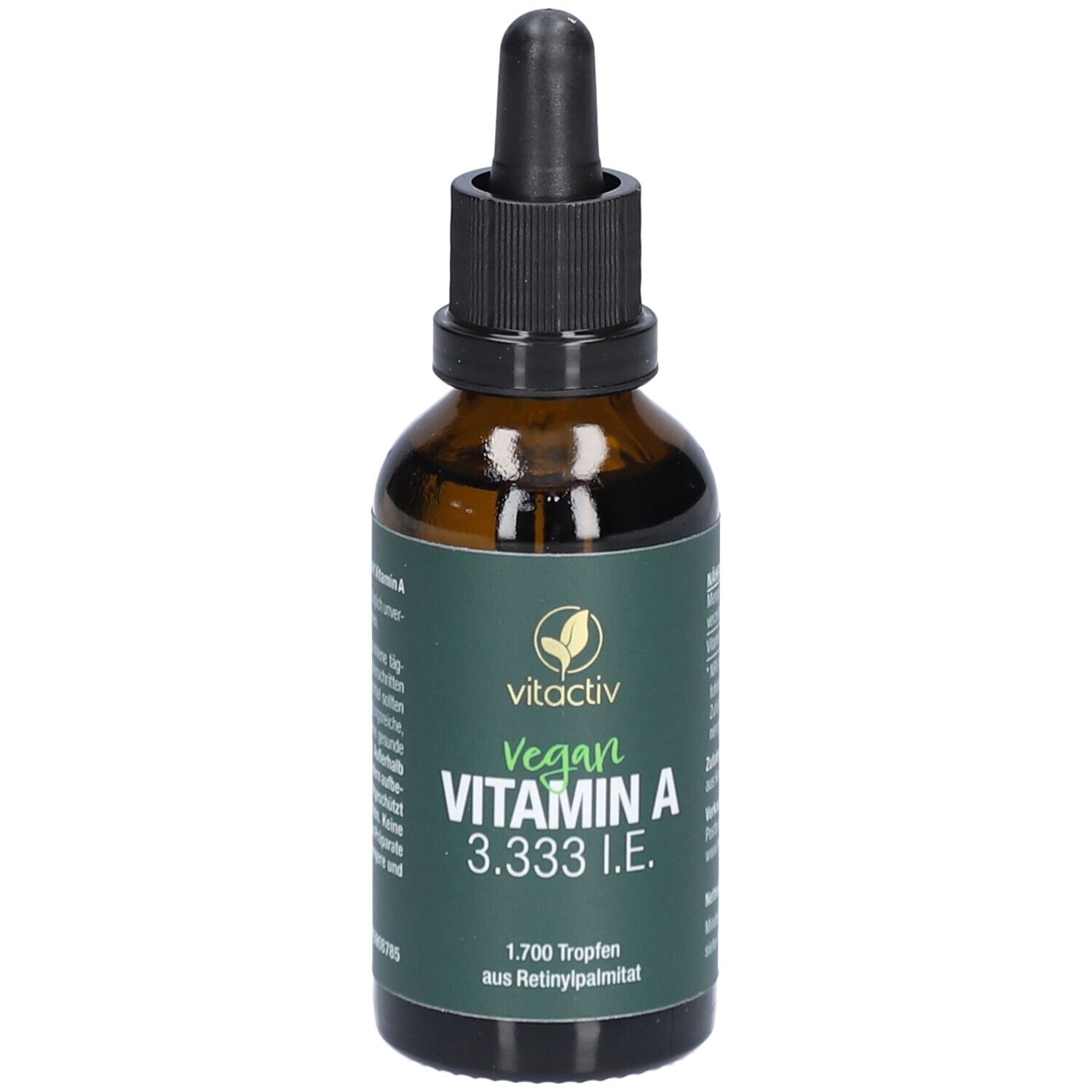 Braune Glasflasche mit schwarzem Deckel und Pipette. Aufschrift: Vegan VITAMIN A 3.333 I.E. Etikett mit Text.