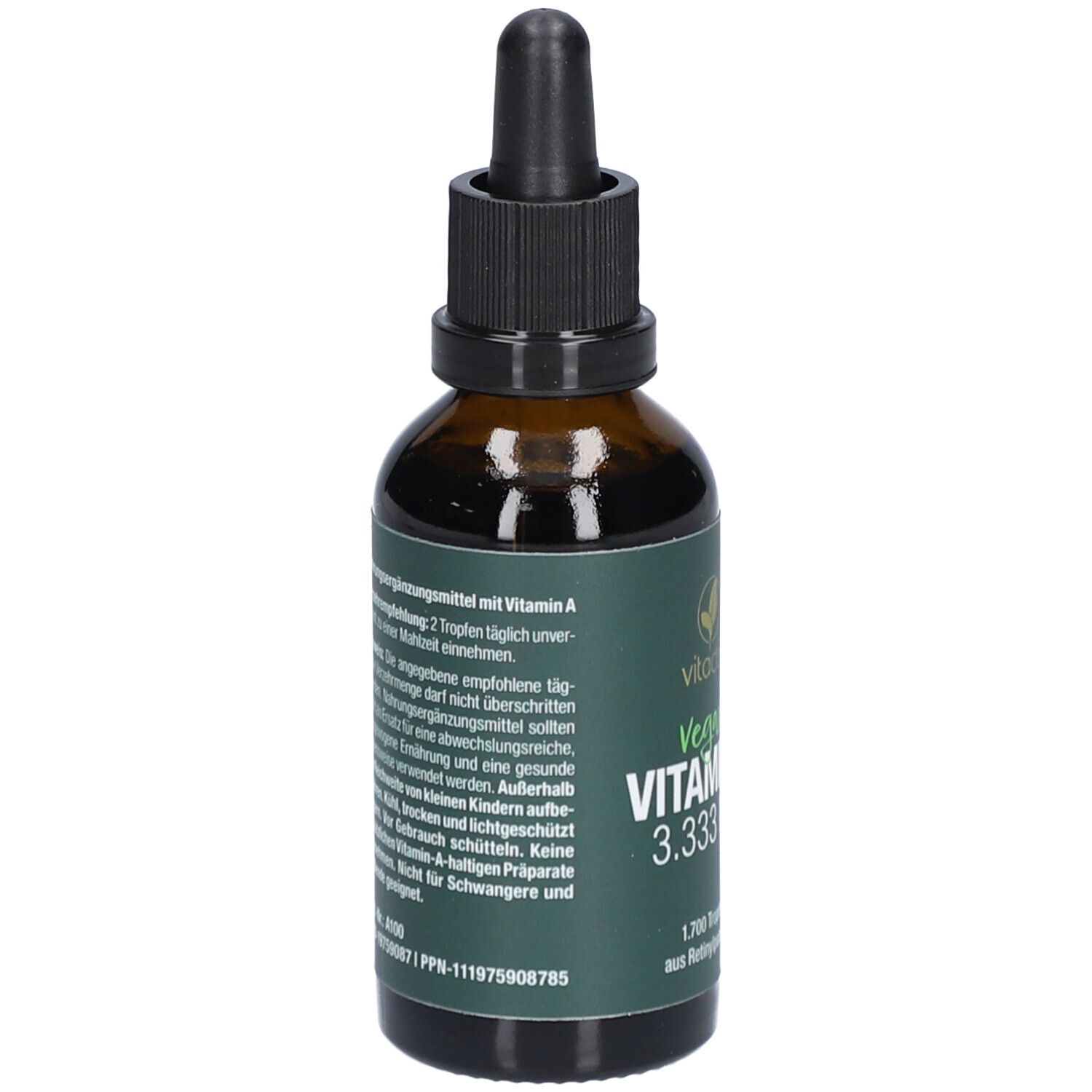 Braune Glasflasche mit schwarzem Deckel und Pipette. Aufschrift: VITAMIN A 3.333 I.E. Etikett mit Text.