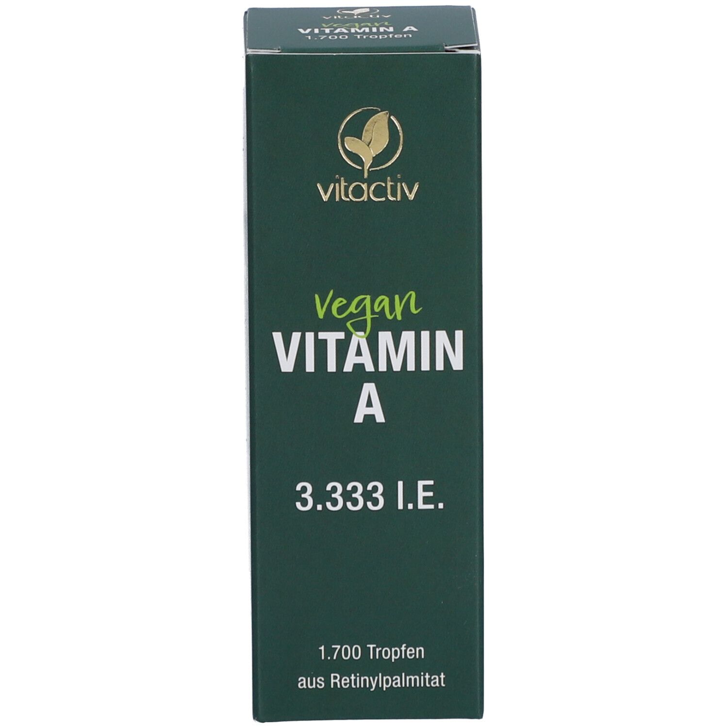 Grüne Schachtel mit weißer Aufschrift: Vegan VITAMIN A 3.333 I.E. Logo: vitactiv.