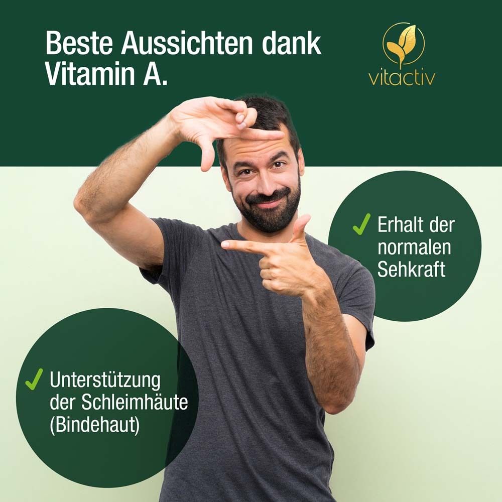 Mann formt Hände zu Rahmen. Text: Beste Aussichten dank Vitamin A. Kreise mit Text: Unterstützung der Schleimhäute, Erhalt der Sehkraft.