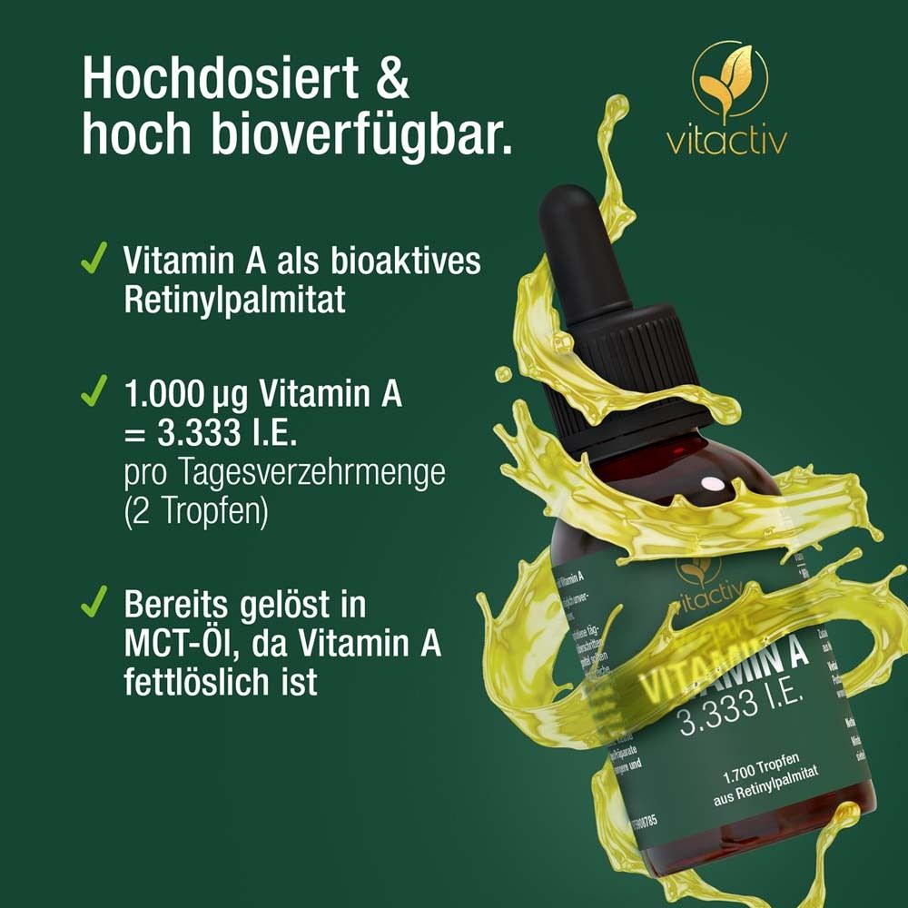 Vitactiv Vitamin A Tropfen. Flasche mit Tropfer und gelben Spritzern. Text: Hochdosiert & hoch bioverfügbar. Vitamin A als Retinylpalmitat.