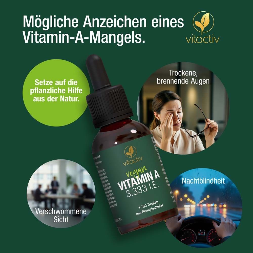 Vitactiv Vitamin A Tropfen-Flasche. Bilder von verschwommener Sicht, trockenen Augen, Nachtblindheit. Text: Mögliche Anzeichen eines Vitamin-A-Mangels.