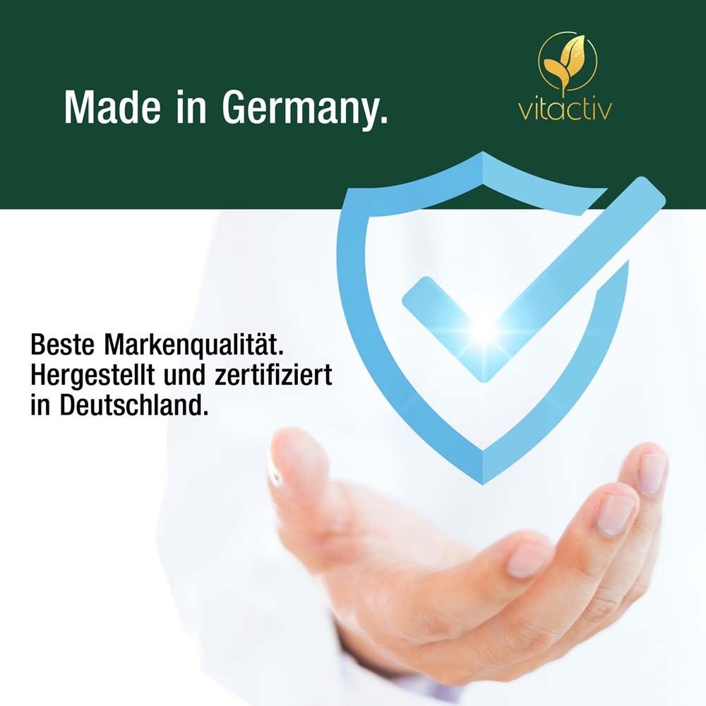 Hand hält blaue Schild-Grafik mit Haken. Text: Made in Germany. Beste Markenqualität. Hergestellt und zertifiziert in Deutschland.