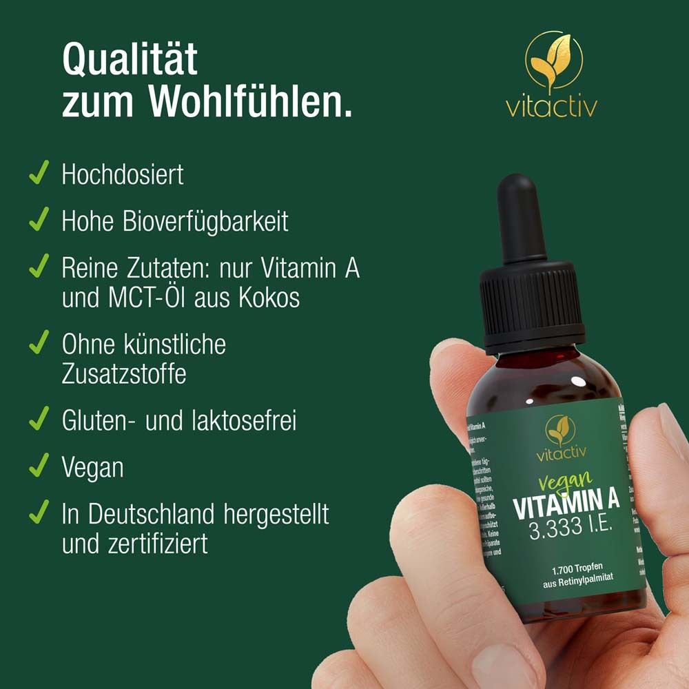 Vitactiv Vitamin A Tropfen-Flasche. Text: Qualität zum Wohlfühlen. Hochdosiert, hohe Bioverfügbarkeit, ohne Zusatzstoffe, vegan.