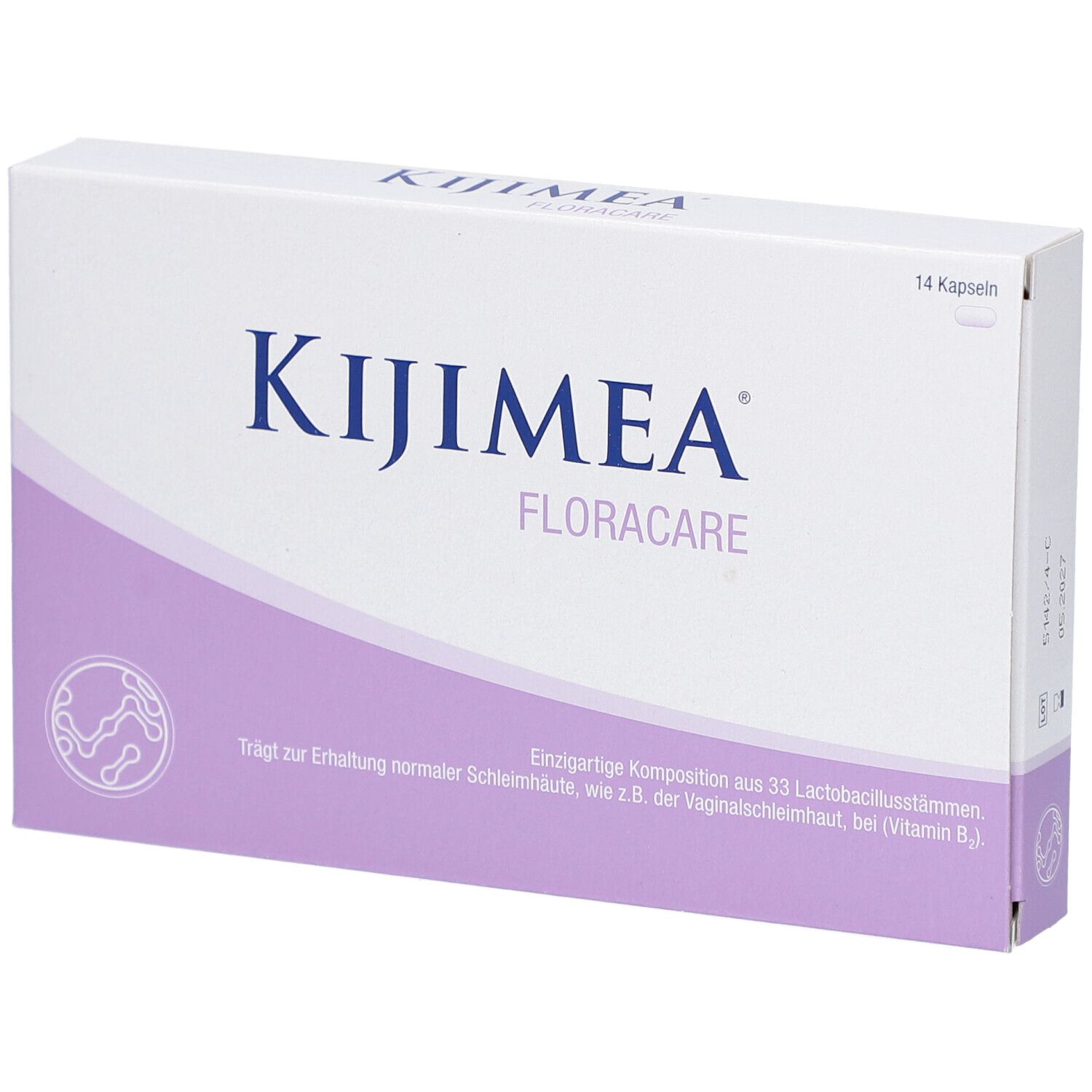 Kijimea FloraCare Kapseln-Packung. Weiß und lila. Schriftzug und Logo. 14 Kapseln.