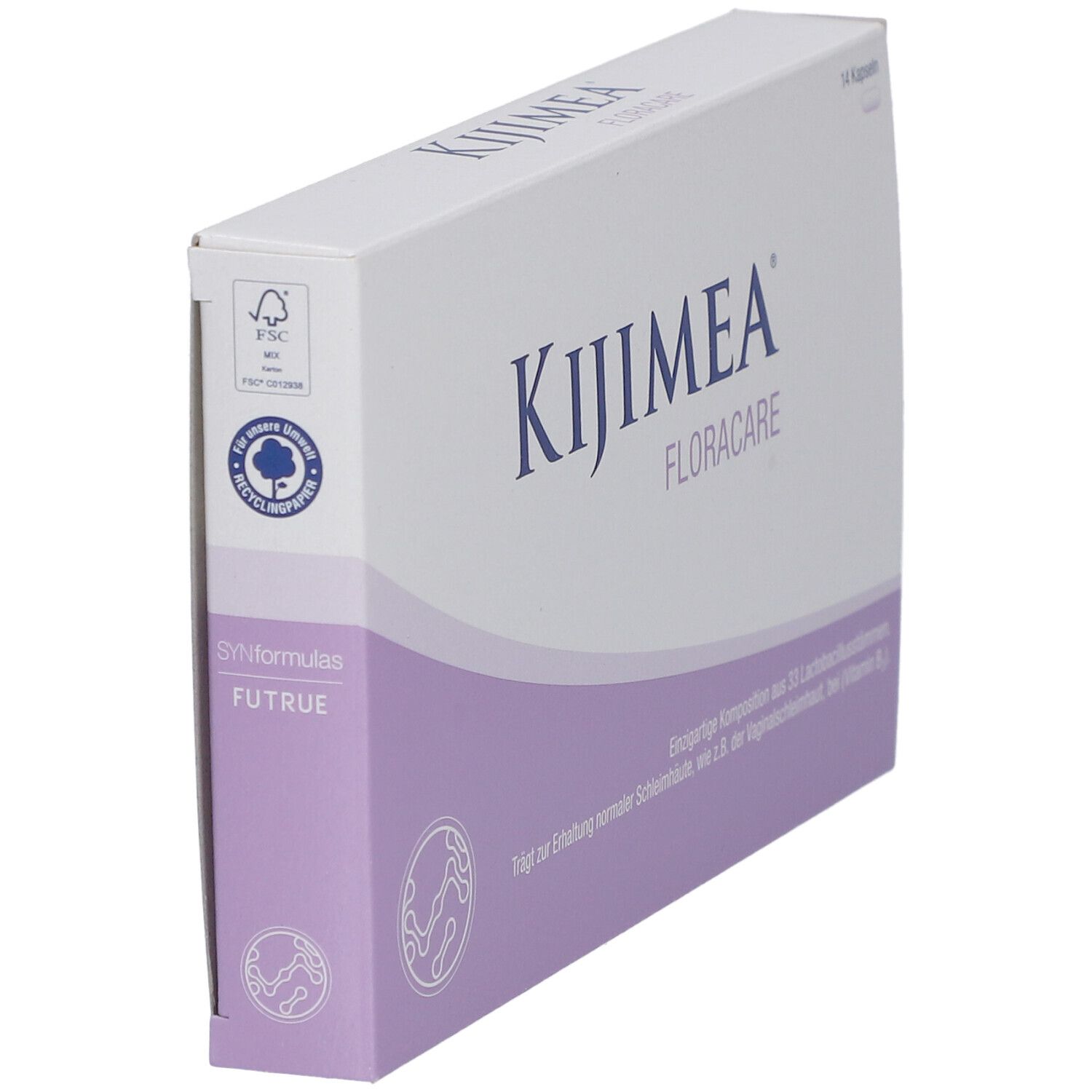 Kijimea FloraCare Kapseln-Packung. Weiß und lila. Logo und Text. FSC-Siegel.