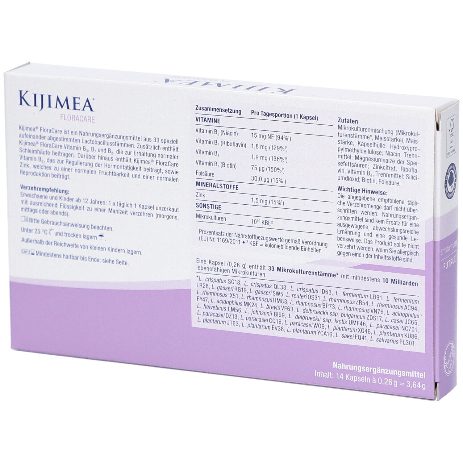 Rückseite der Kijimea FloraCare Kapseln-Packung. Inhaltsstoffe und Nährwertangaben. Text.