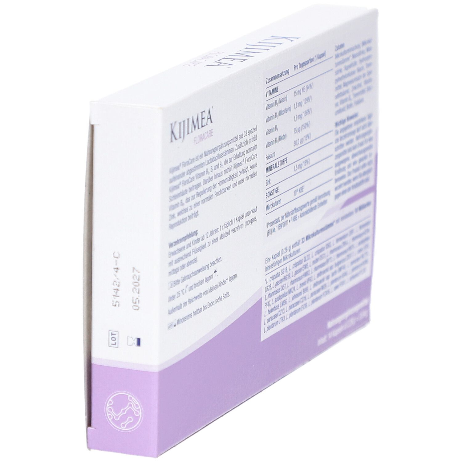 Rückseite der Kijimea FloraCare Kapseln-Packung. Text, Haltbarkeitsdatum und Chargennummer.