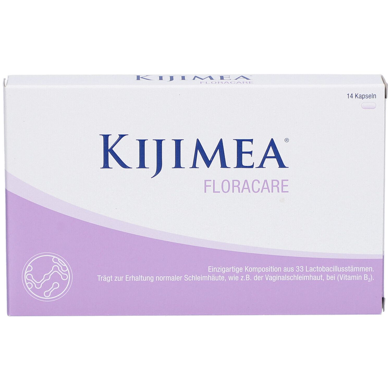 Kijimea FloraCare Kapseln-Packung. Weiß und lila. Schriftzug und Logo. 14 Kapseln.