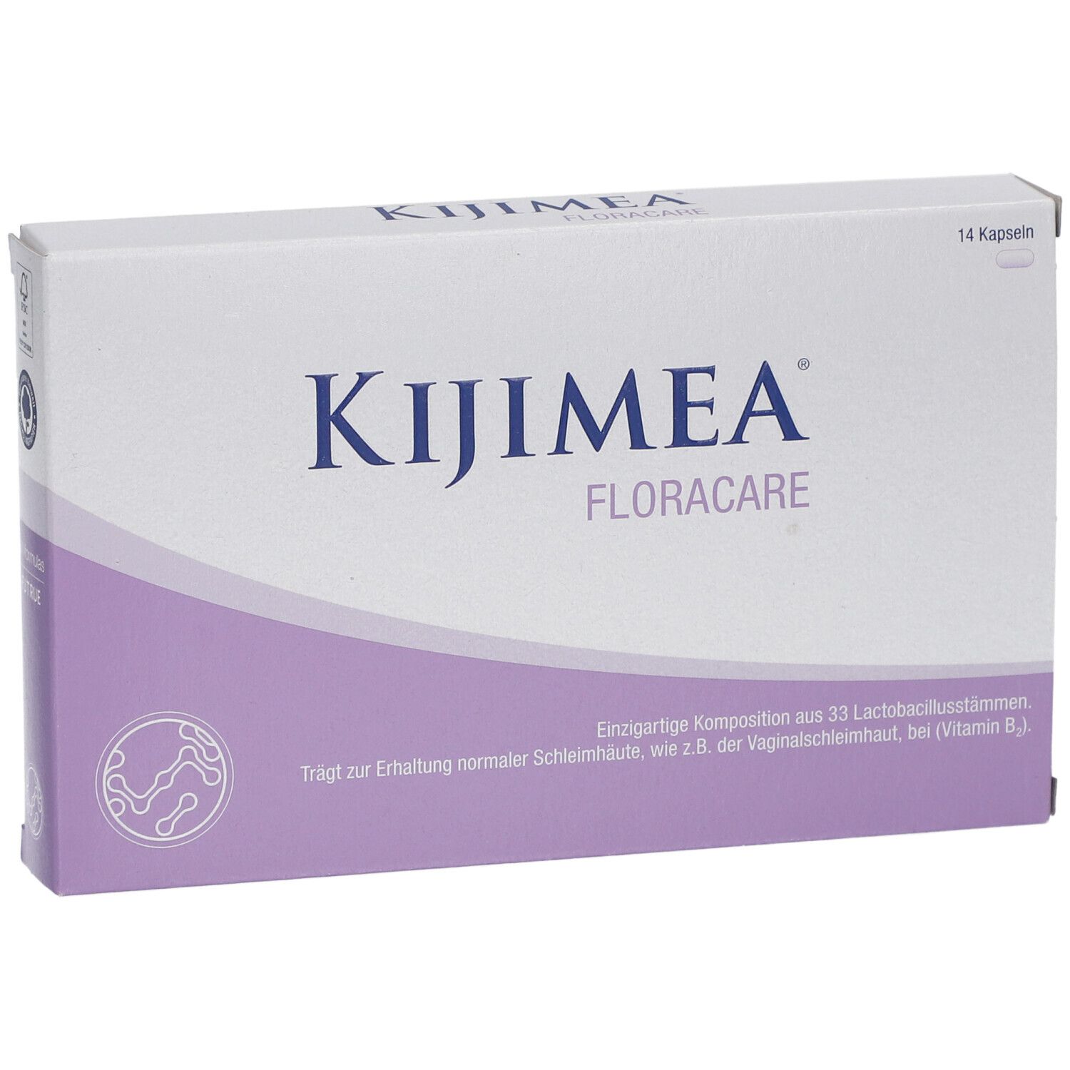 Kijimea FloraCare Kapseln-Packung. Weiß und lila. Schriftzug und Logo. 14 Kapseln.