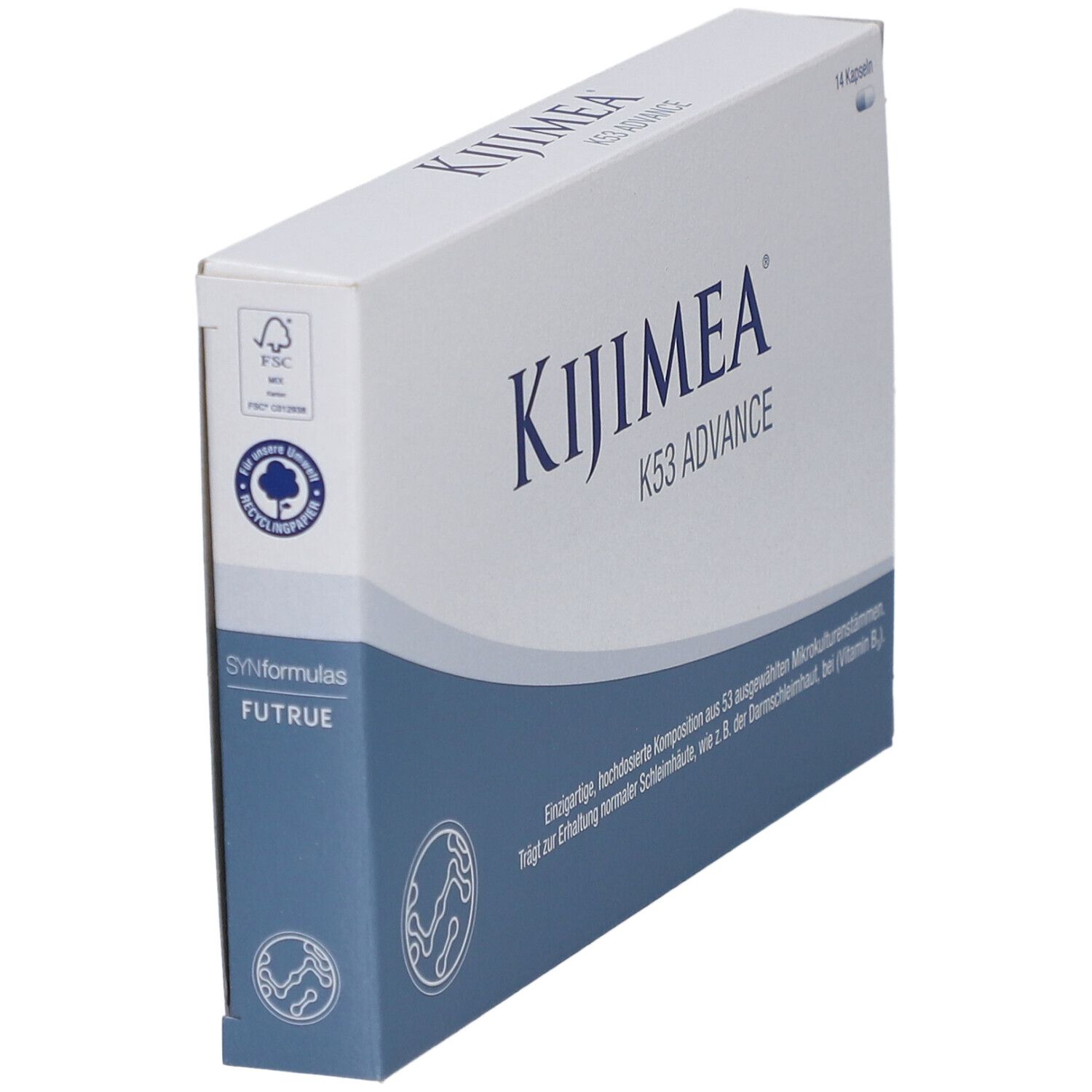 Kijimea K53 ADVANCE-Verpackung. Weiße Schachtel mit blauem Streifen. Schriftzug Kijimea und K53 ADVANCE.