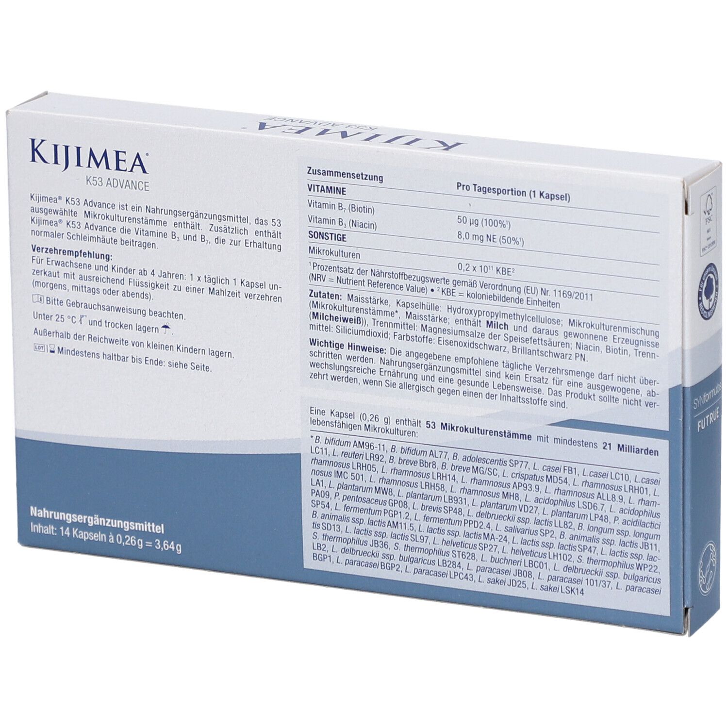 Rückseite der Kijimea K53 ADVANCE-Verpackung. Enthält Informationen zu Inhaltsstoffen und Nährwertangaben.