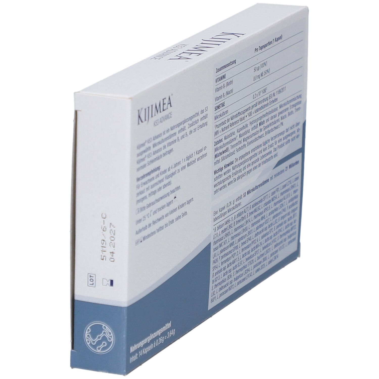 Rückseite der Kijimea K53 ADVANCE-Verpackung. Enthält Informationen zu Inhaltsstoffen und Nährwertangaben.