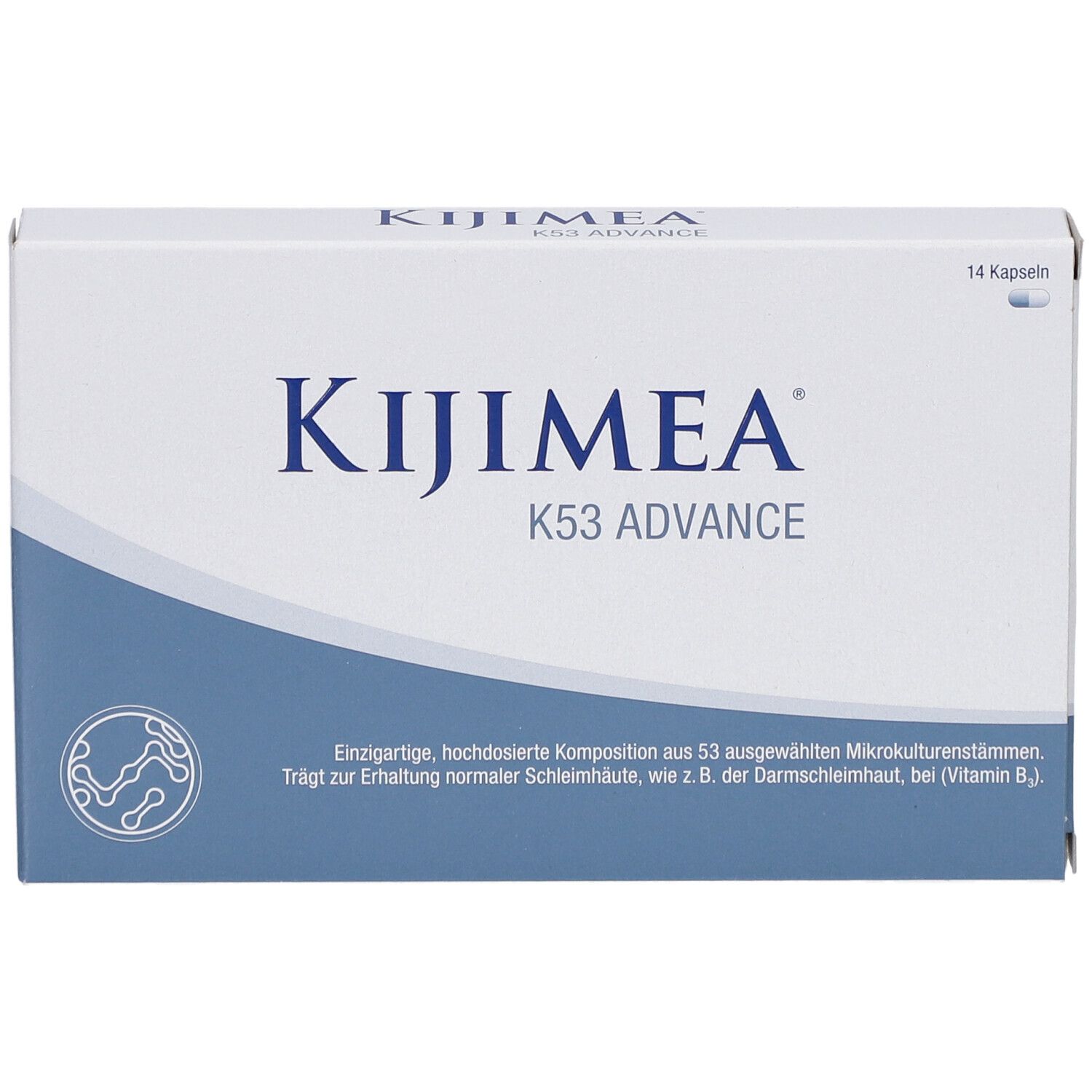 Kijimea K53 ADVANCE-Verpackung. Weiße Schachtel mit blauem Streifen. Schriftzug Kijimea und K53 ADVANCE.
