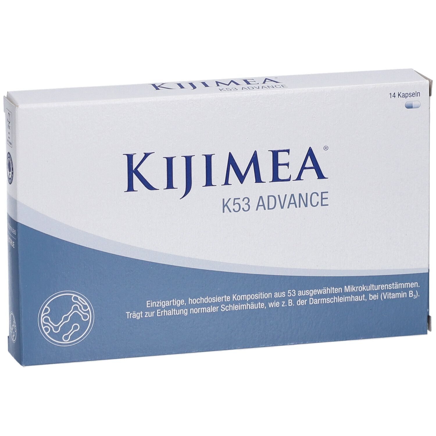 Kijimea K53 ADVANCE-Verpackung. Weiße Schachtel mit blauem Streifen. Schriftzug Kijimea und K53 ADVANCE.