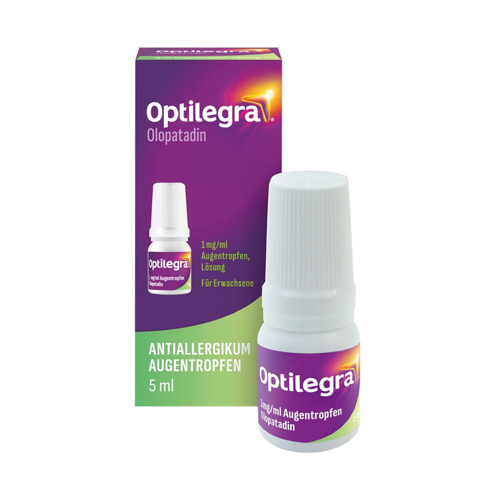 Augentropfen-Fläschchen und Schachtel. Aufschrift: Optilegra, Olopatadin. 5 ml Augentropfen. Für Erwachsene.