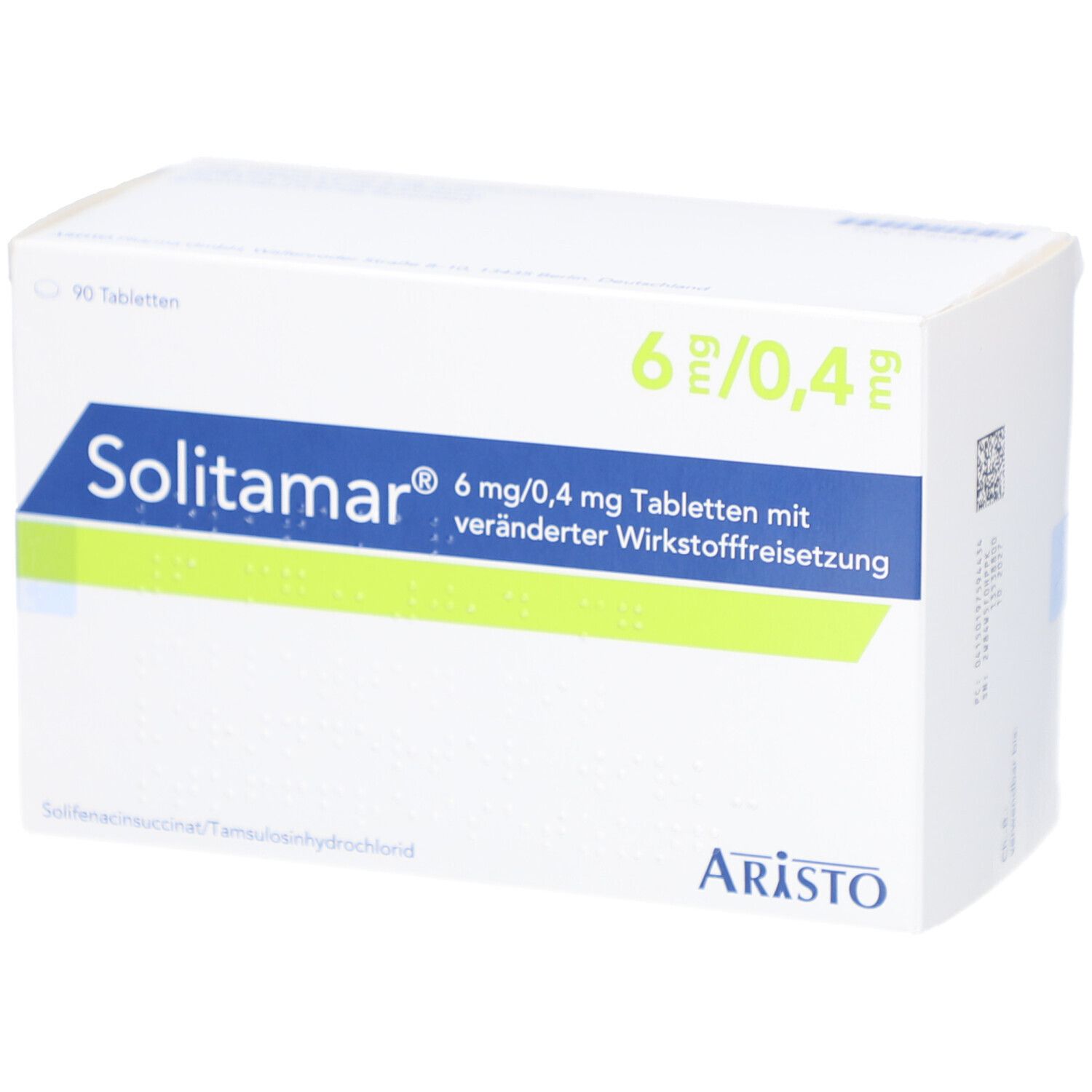 Weiße Arzneimittelverpackung. Aufschrift: Solitamar 6 mg/0,4 mg Tabletten. Hersteller: Aristo. Packungsinhalt: 90 Tabletten.