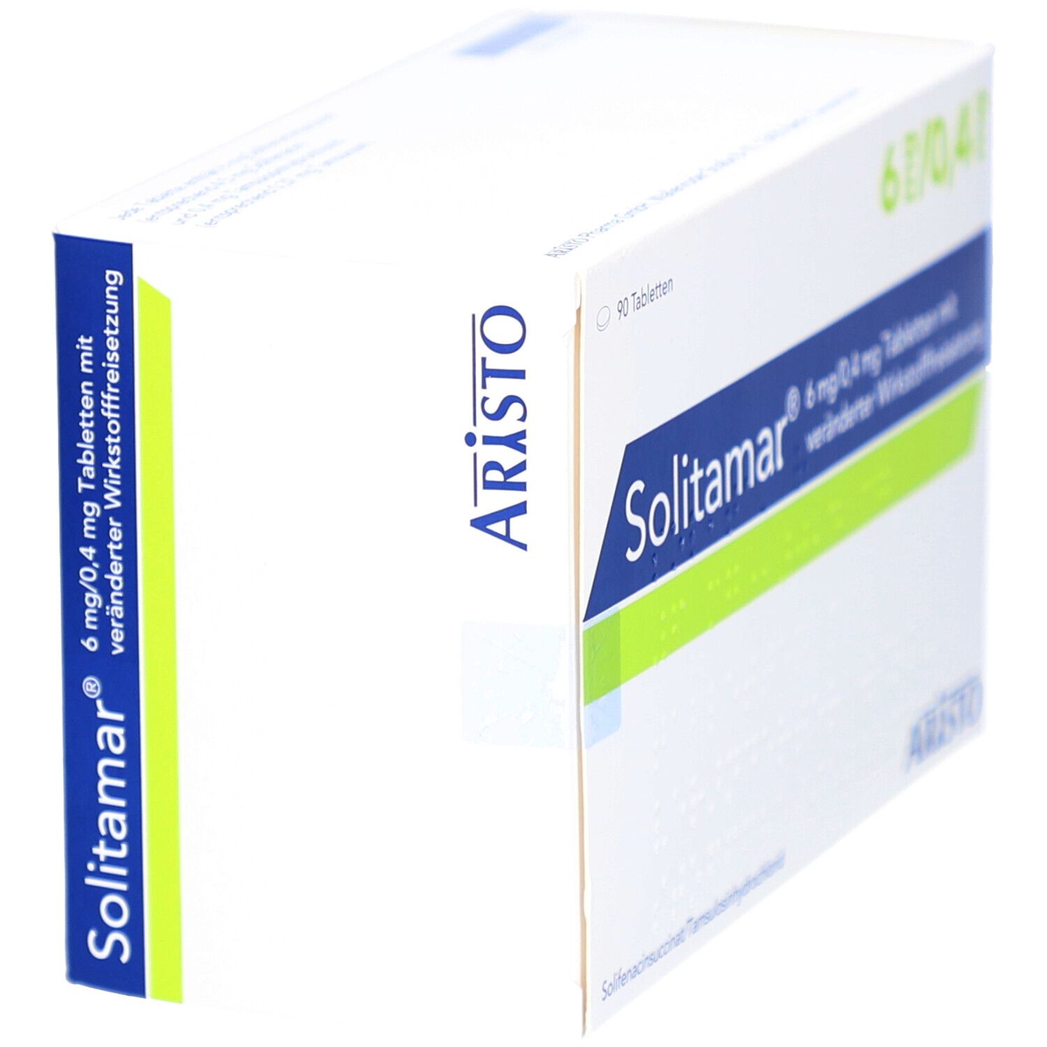 Arzneimittelverpackung, weiß. Aufschrift: Solitamar 6 mg/0,4 mg Tabletten. Hersteller: Aristo. Packungsinhalt: 90 Tabletten.