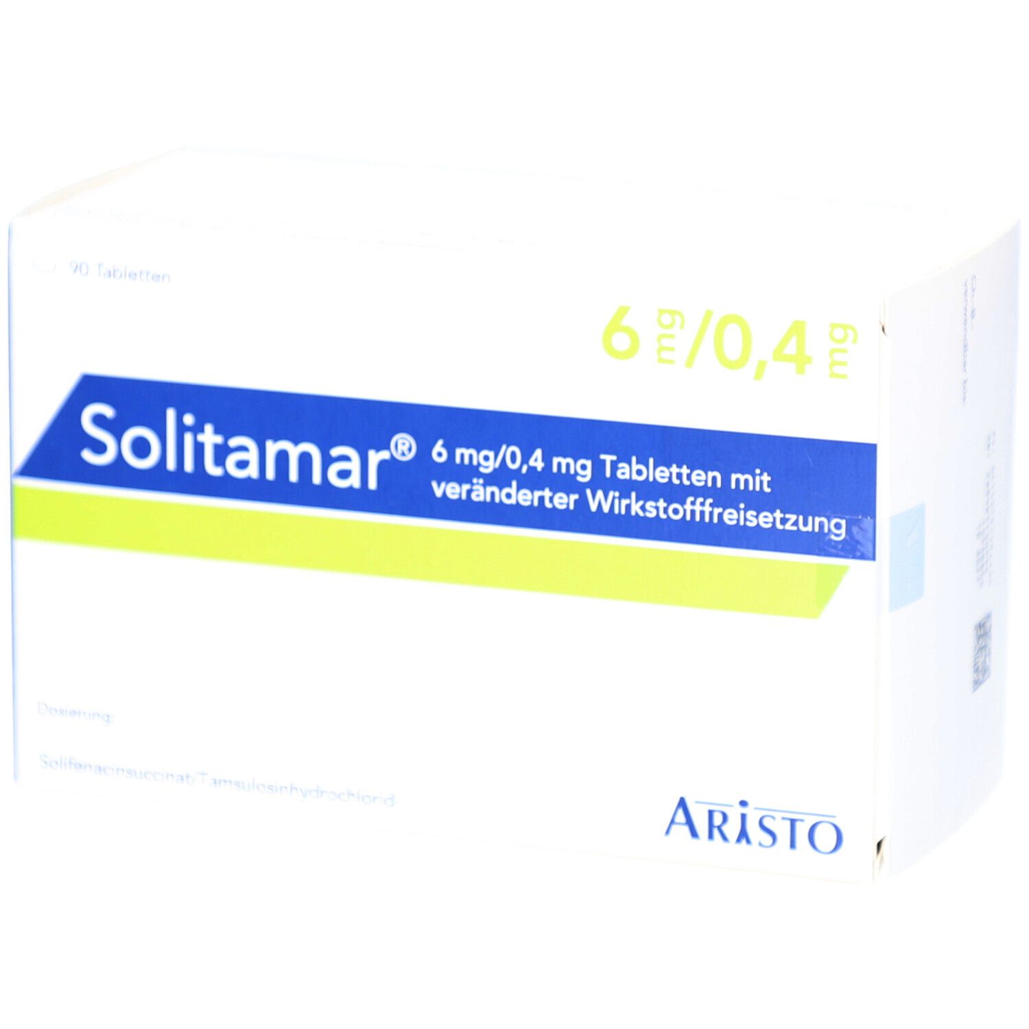 Weiße Arzneimittelverpackung. Aufschrift: Solitamar 6 mg/0,4 mg Tabletten. Hersteller: Aristo. Packungsinhalt: 90 Tabletten.