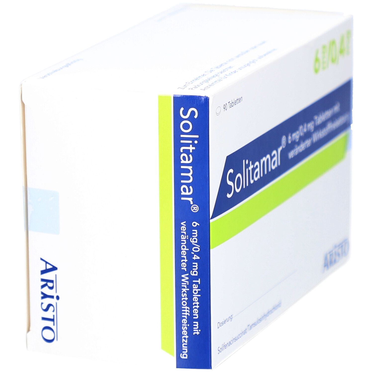 Arzneimittelverpackung, weiß. Aufschrift: Solitamar 6 mg/0,4 mg Tabletten. Hersteller: Aristo. Packungsinhalt: 90 Tabletten.