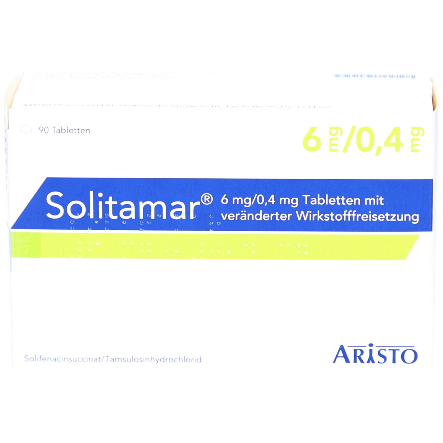 Weiße Arzneimittelverpackung. Aufschrift: Solitamar 6 mg/0,4 mg Tabletten. Hersteller: Aristo. Packungsinhalt: 90 Tabletten.