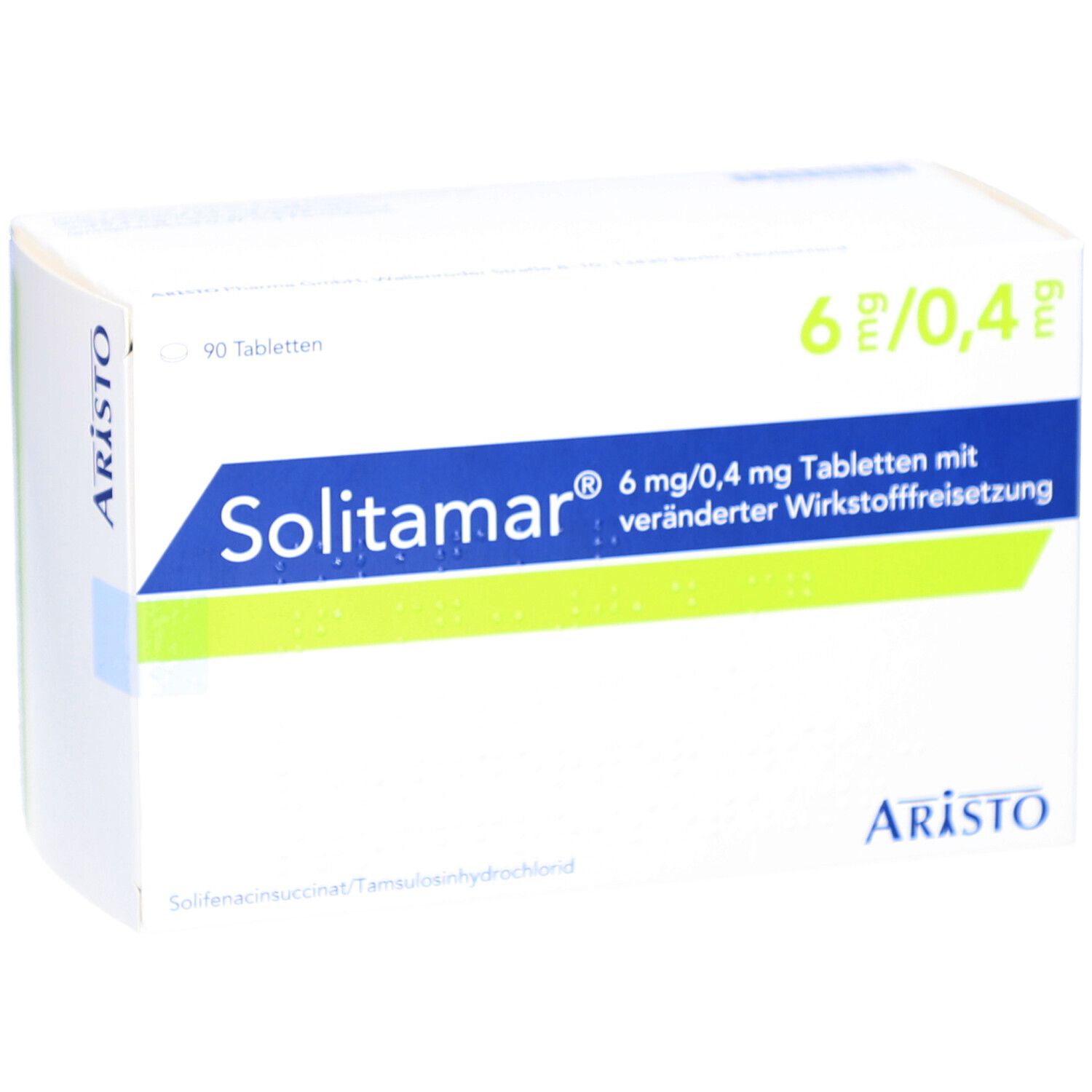 Weiße Arzneimittelverpackung. Aufschrift: Solitamar 6 mg/0,4 mg Tabletten. Hersteller: Aristo. Packungsinhalt: 90 Tabletten.