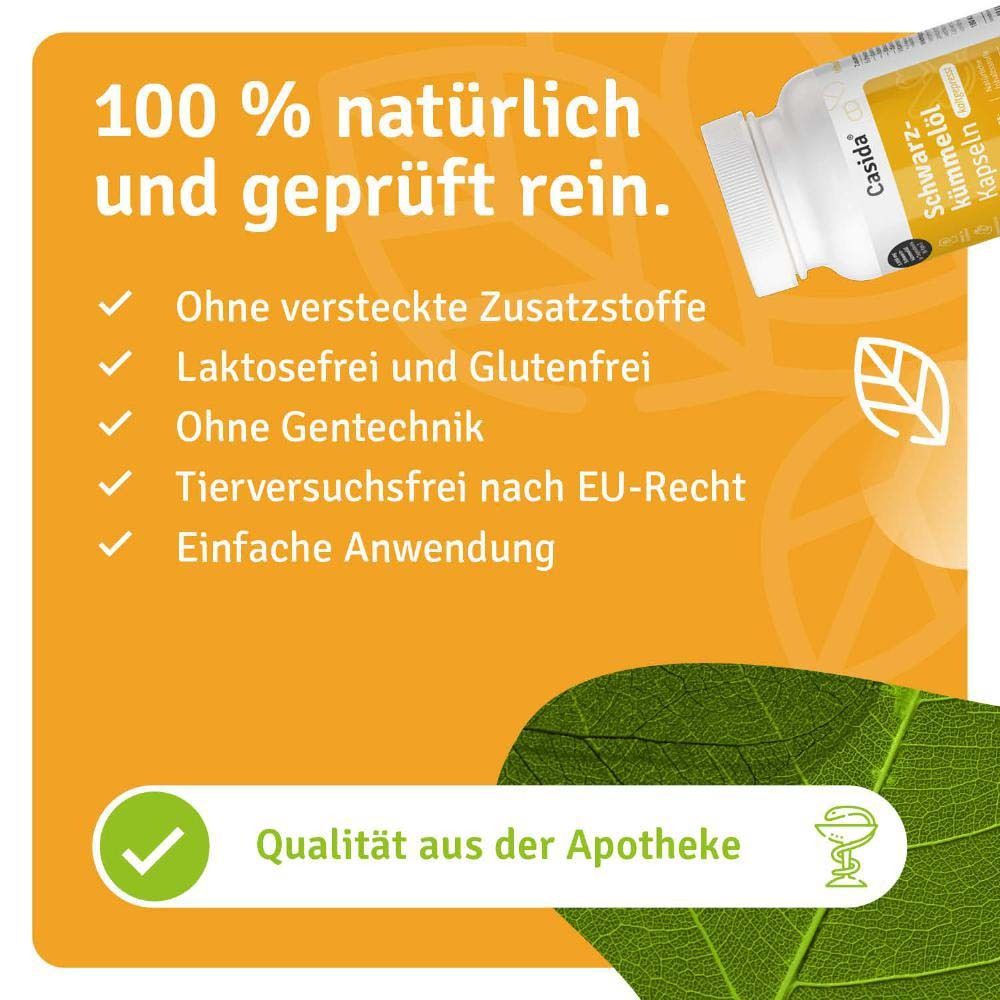Gelber Hintergrund mit Flasche Casida® Schwarzkümmelöl Kapseln. Text: 100 % natürlich und geprüft rein. Apothekenqualität.
