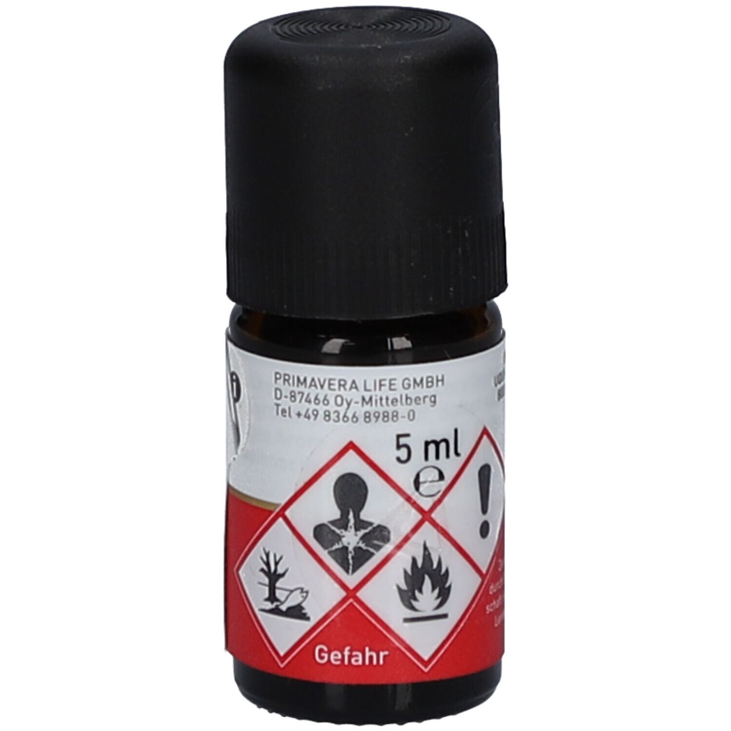 Braunglasflasche mit schwarzem Deckel. Etikett mit Warnsymbolen und der Aufschrift "Gefahr".