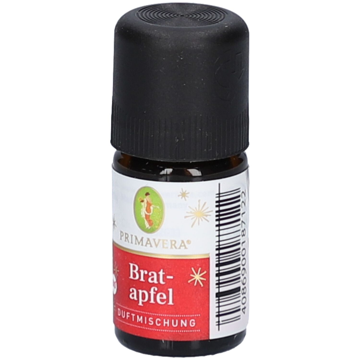 Braunglasflasche mit schwarzem Deckel. Etikett mit "Primavera", "Bratapfel Duftmischung" und Barcode.