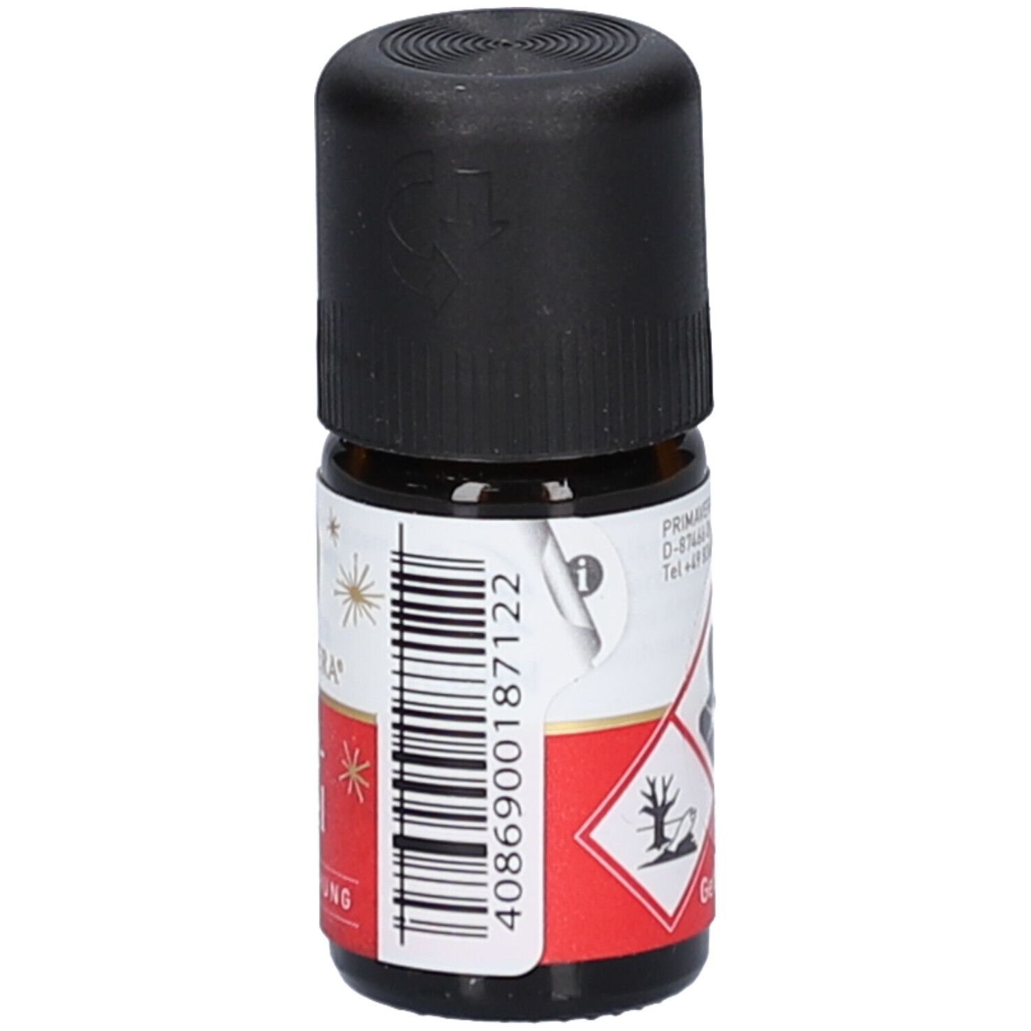 Braunglasflasche mit schwarzem Deckel. Etikett mit Warnsymbolen und Barcode.