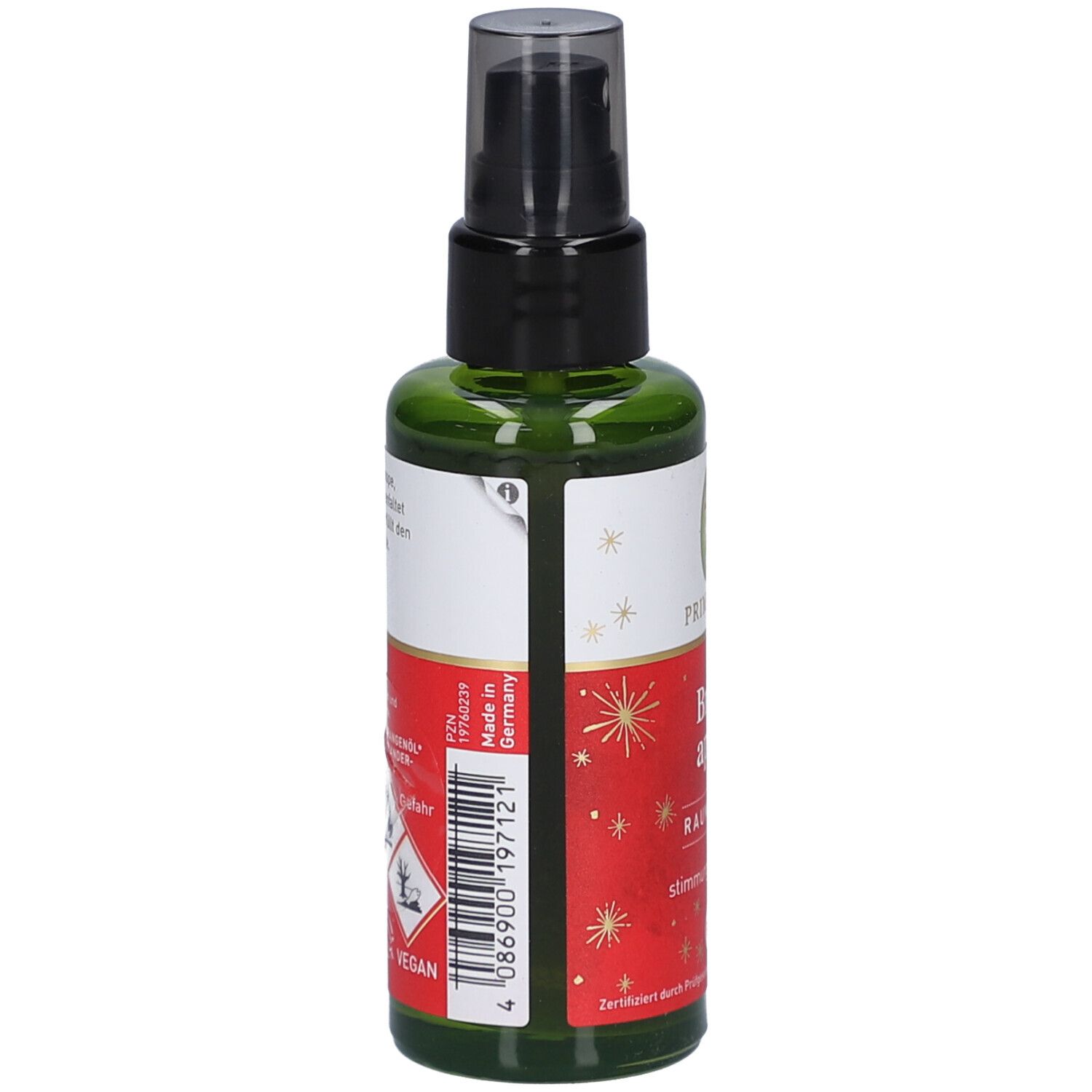 Grüne Glasflasche mit schwarzem Sprühkopf. Rückseite mit Etikett. Text: Made in Germany, Warnhinweise, Vegan-Logo, Barcode.